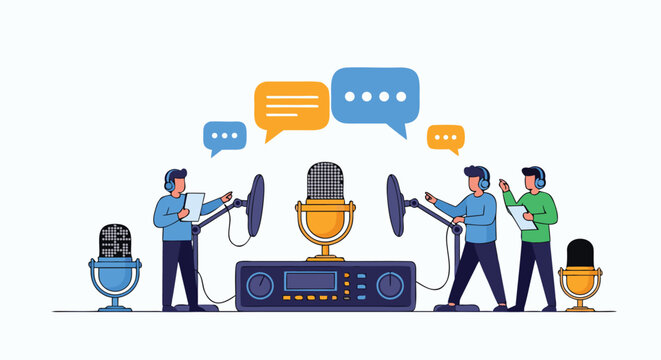Dynamic radio hosts discussing topics and reading scripts during a live podcast recording session in a modern studio setup.
