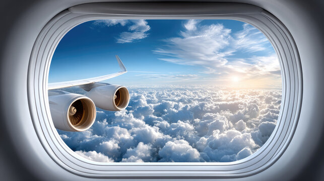 Airplane window offering a scenic view of white fluffy clouds from a high altitude, with a wing and engine flying above the breathtaking cloudscape at sunrise or sunset