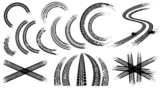 Tire tread marks after skidding, launch, drift, powerslide in motorsport, rally, off-road, motocross. Wheel texture with splash effect. Vector, transparent background PNG version.
