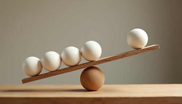 Wooden plank on sphere shows imbalance, weight difference, four white balls on one side, one brown sphere supporting. Concept of contrast, scale, and physics.
