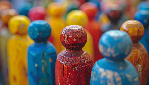 Colorful wooden figures standing closely together, vibrant colors and unique individual appearances. Societal diversity, inclusion and individuality. Close-up.