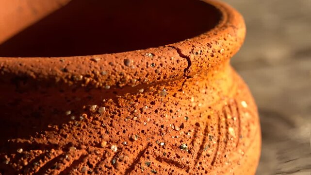 Closeup of an old cracked terracotta pot with textured surface.