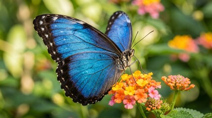 Fototapeta premium Blue Morpho Butterfly Feeding on Vibrant Orange Flowers in Lush Green Garden