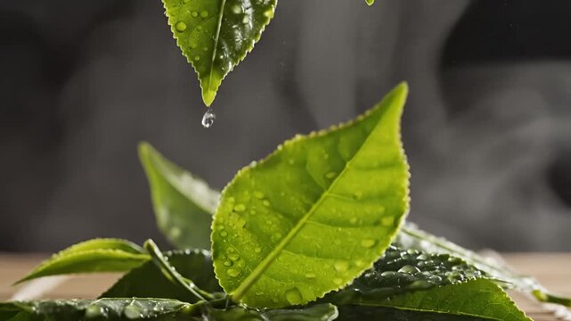 Closeup of fresh green tea leaves with water droplets.