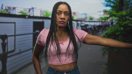 Fototapeta premium Woman in pink crop top with braids, arm extended on railing exposing bare midriff on city street; defiance resilience.