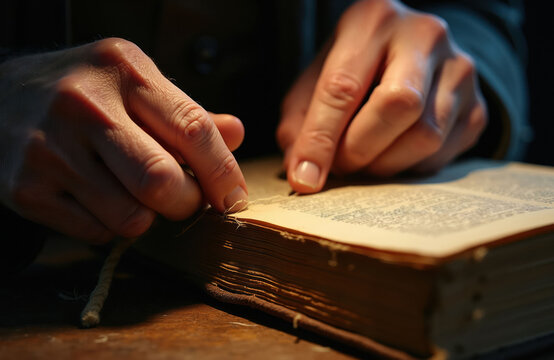 Person carefully repairs aged book binding with needle and thread. Old tome gets restoration by skilled hands. Close up on delicate craft preserving history. Pages and spine restored with care.