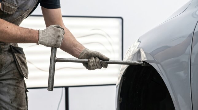 Mechanic performing paintless dent repair on the front fender of a silver car using a metal rod