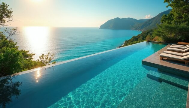 Infinity swimming pool merges with ocean horizon. Tropical mountains frame turquoise sea. Sun gleams on calm water surface. Relaxing poolside lounge chairs await.