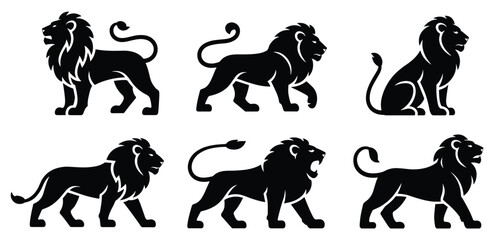 Lion Silhouette Set: A collection of powerful lion silhouettes in various poses, symbolizing strength and majesty. wildlife graphic, animal illustration, majestic creature, wild cat art. © Binoy Vectors