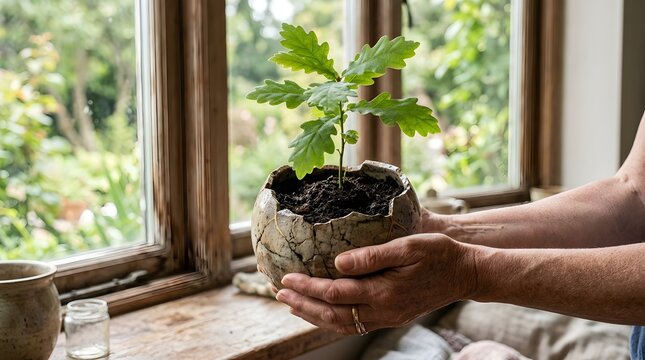 A person's hands delicately holding a thriving oak sapling in an earthy pot by a window, a testament to growth and commitment to nature