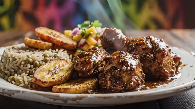 Delicious Caribbean Jerk Chicken Platter with Rice and Fried Plantains.
