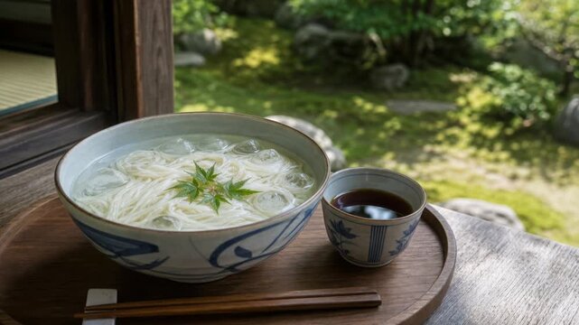 縁側の低い食卓に置かれた夏のそうめん