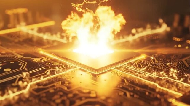 Burning Computer Chip on Circuit Board - Overheating Technology Concept