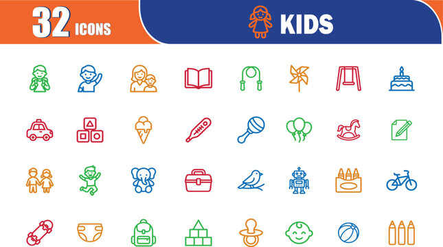 32 kids icon set. related to child care, international children day, kid rights, parenthood.  editable line stroke vector illustrations collection.
