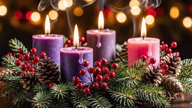 Four Advent Candles Lit with Festive Decorations and Bokeh Lights.
