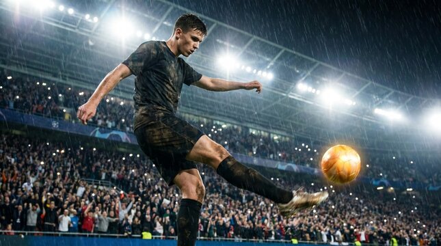 Professional soccer player wearing a mud stained dark jersey executes a powerful kick towards a glowing golden ball during a rainy night match held in a massive illuminated stadium surrounded by a che