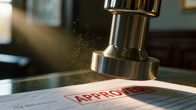 Red approved stamp on a business document, concept of acknowledgement and law.