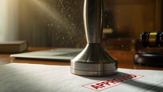 Red approved stamp on a business document, concept of acknowledgement and law.