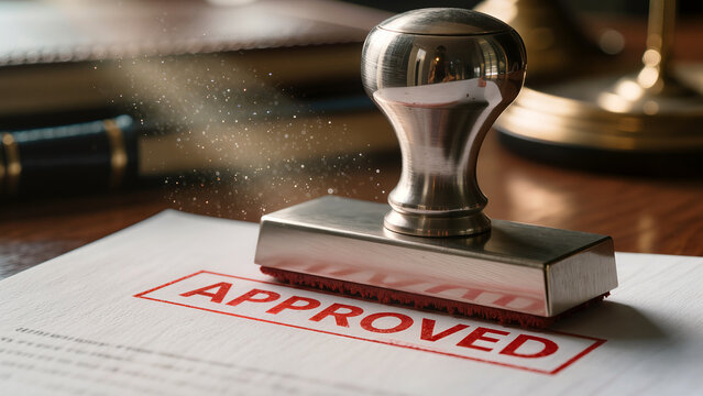 Red approved stamp on a business document, concept of acknowledgement and law.