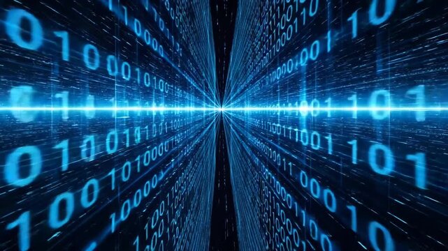 Blue binary code tunnel and digital data stream background
