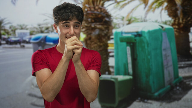 Man clasping hands near mouth beside green recycling container on street with palm trees and trash bins; anxiety plea.