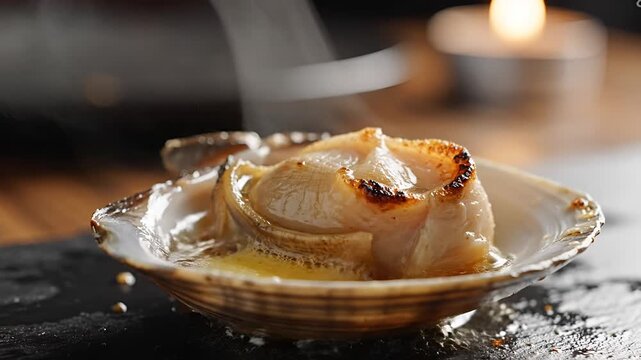 Gourmet Baked Scallop in Shell with Butter and Herbs.