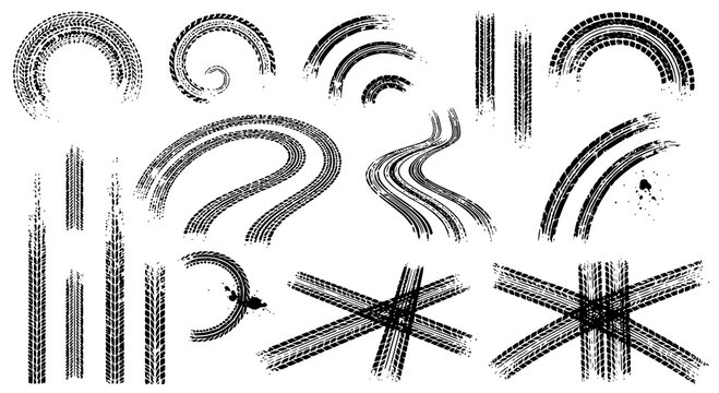 Tire tread marks after skidding, launch, drift, powerslide in motorsport, rally, off-road, motocross. Wheel texture with splash effect. Vector, transparent background PNG version.