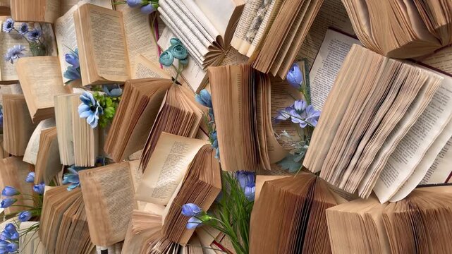 Vintage Books and Blue Flowers Flat Lay Background
Aesthetic flat lay composition featuring open and stacked vintage books arranged with delicate blue flowers. Warm paper textures