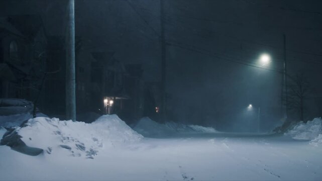 A intense snowstorm blankets Beachville, Nova Scotia, creating tall snowdrifts and blocking roads. Strong winds howl through the night, transforming the area into a winter wonderland of snowflakes