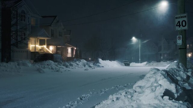 Strong winds and heavy snowfall transform Beachville, Nova Scotia into a winter wonderland. Streets and sidewalks are blocked, creating a peaceful but snowy nighttime landscape
