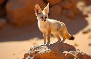 Naklejka premium Small fennec fox stands on sandy rock in arid desert landscape. White yellow mammal with large ears looks right. Wild animal in natural habitat.