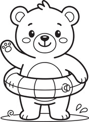 Fototapeta premium Coloring page for kids with cute baby bear. Cartoon bear with inflatable swimming ring. Summer theme activity sheet for children. Black and white vector illustration. Minimalist bear line art