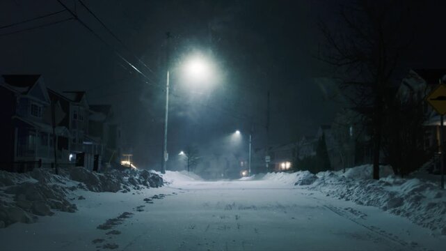 A strong snowstorm transforms Beachville, Halifax into a winter wonderland. Heavy winds and snowfall create massive snowdrifts, blocking streets and walkways in this quiet Canadian town