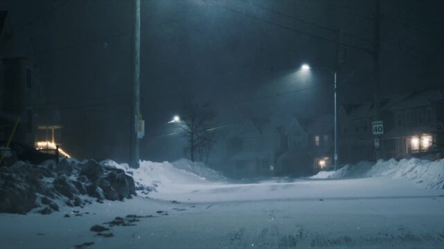 Strong winds and heavy snowfall transform Beachville, Nova Scotia into a winter wonderland at night. Snowdrifts block roads and sidewalks, creating a serene yet eerie landscape in Canada