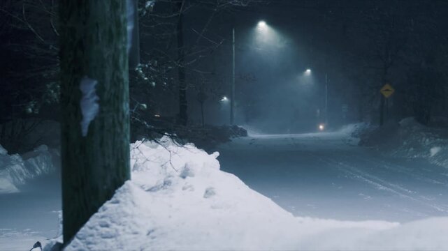 A fierce snow storm blankets Beachville, Nova Scotia under layers of white. Strong winds blow snow, blocking roads and paths, transforming the quiet night into a winter wonderland