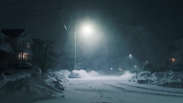 A fierce snowstorm sweeps through Beachville, Nova Scotia, blanketing the streets in deep snow. Strong winds create towering drifts, making travel and walking nearly impossible on this winter night