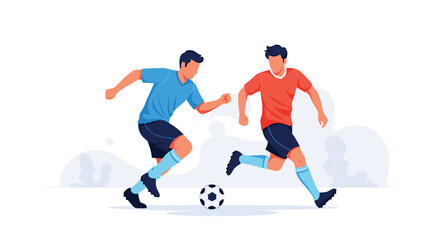 Fototapeta premium Two competitive athletes in blue and red jerseys engage in a soccer match while dribbling a ball across the playing field.