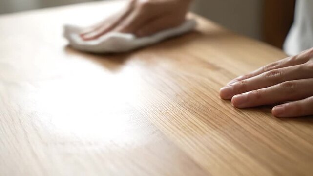 Hand wiping wooden table surface with white cleaning cloth.
