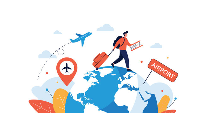 Adventurous traveler walks across a globe with his suitcase and boarding pass while a plane flies in the sky above.