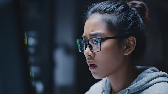 Young Woman Programmer Working Late Night On Computer Screens With Code 2.