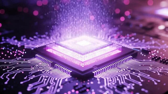 Advanced microchip processor with glowing digital data connections