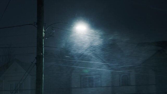 A powerful snowstorm engulfs Beachville, Nova Scotia, creating deep snowdrifts that block roads and pathways. The howling wind and falling snow transform the winter landscape into a snowy wonderland