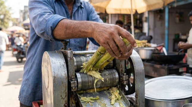 Street food vendor feeding fresh sugarcane stalks into a traditional metal juice extractor