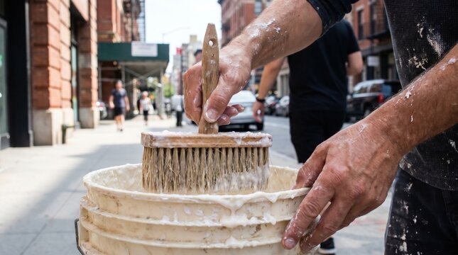 Bill poster dipping a large wooden paste brush into a bucket of glue on a city sidewalk