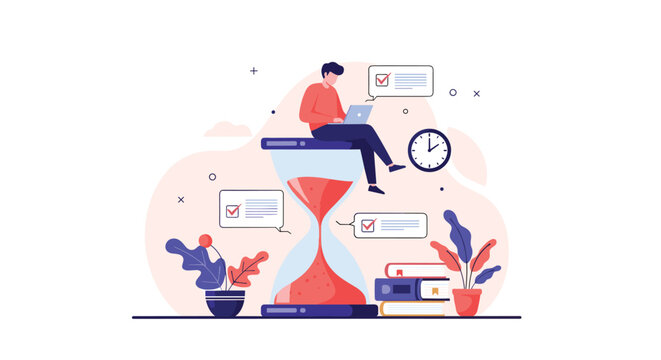 Concept of time management showing a man working on a laptop while sitting on top of a giant hourglass surrounded by clocks and checklists.