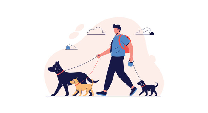 Professional dog walker taking three different breeds of dogs for an outdoor stroll in a park setting under a cloudy sky for exercise.