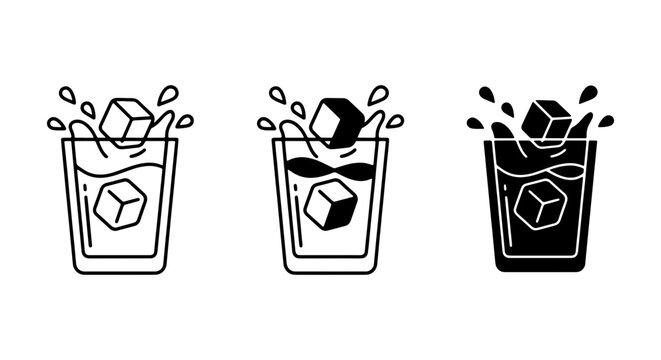 Whiskey Glass Icons, Set of 3, Splash and Ice Cubes, Minimalist Line Art & Solid Fill