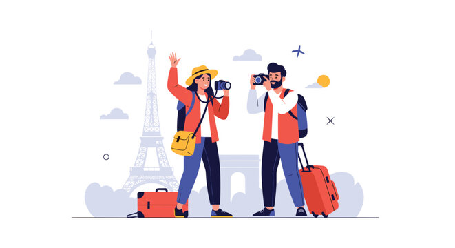 Happy tourists taking photos with their cameras and waving in front of the Eiffel Tower and Arc de Triomphe during a vacation trip to Paris.