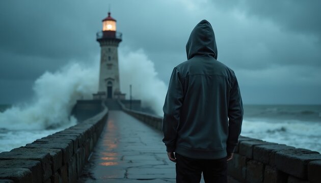 Man in hooded jacket stands on stone pier looking at lighthouse. Stormy evening ocean waves crash violently against coast. Moody weather, dramatic seascape, sense of solitude and adventure.