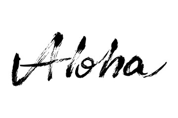 Aloha Grunge Brush Text. Vector summer hand painted calligraphy quote. Hand written Hawaiian greeting exotic script for tropical beach poster, summer t-shirt print and banners. © DesignToonsy